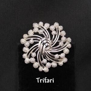 Vintage Crown Trifari Swirl Brooch Silver Tone Mid Century Pin